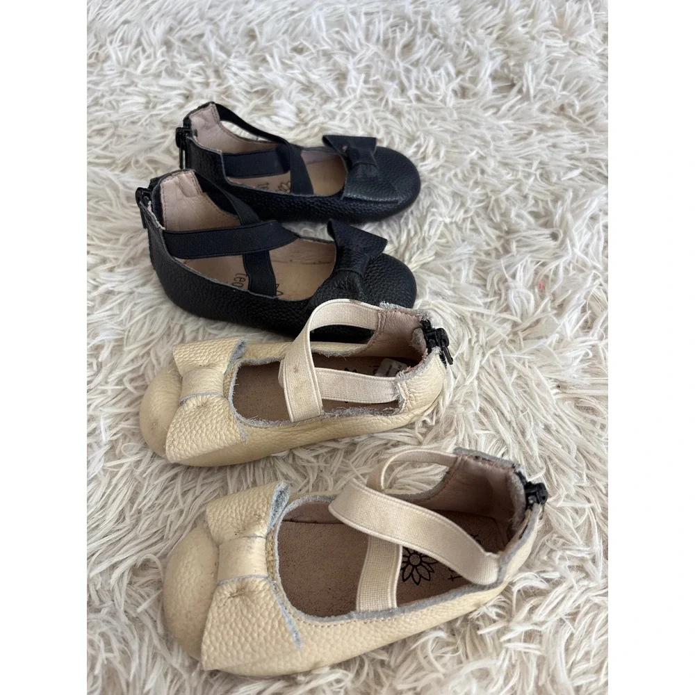 2 Pair Teg + Lai Kids Ballet Flats Shoes 1-Black 1- Tan Leather Bow Size‎ 6